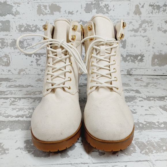 New New Michael Kors Light Cream Combat Textile Ankle Boots W381 - Picture 3 of 11